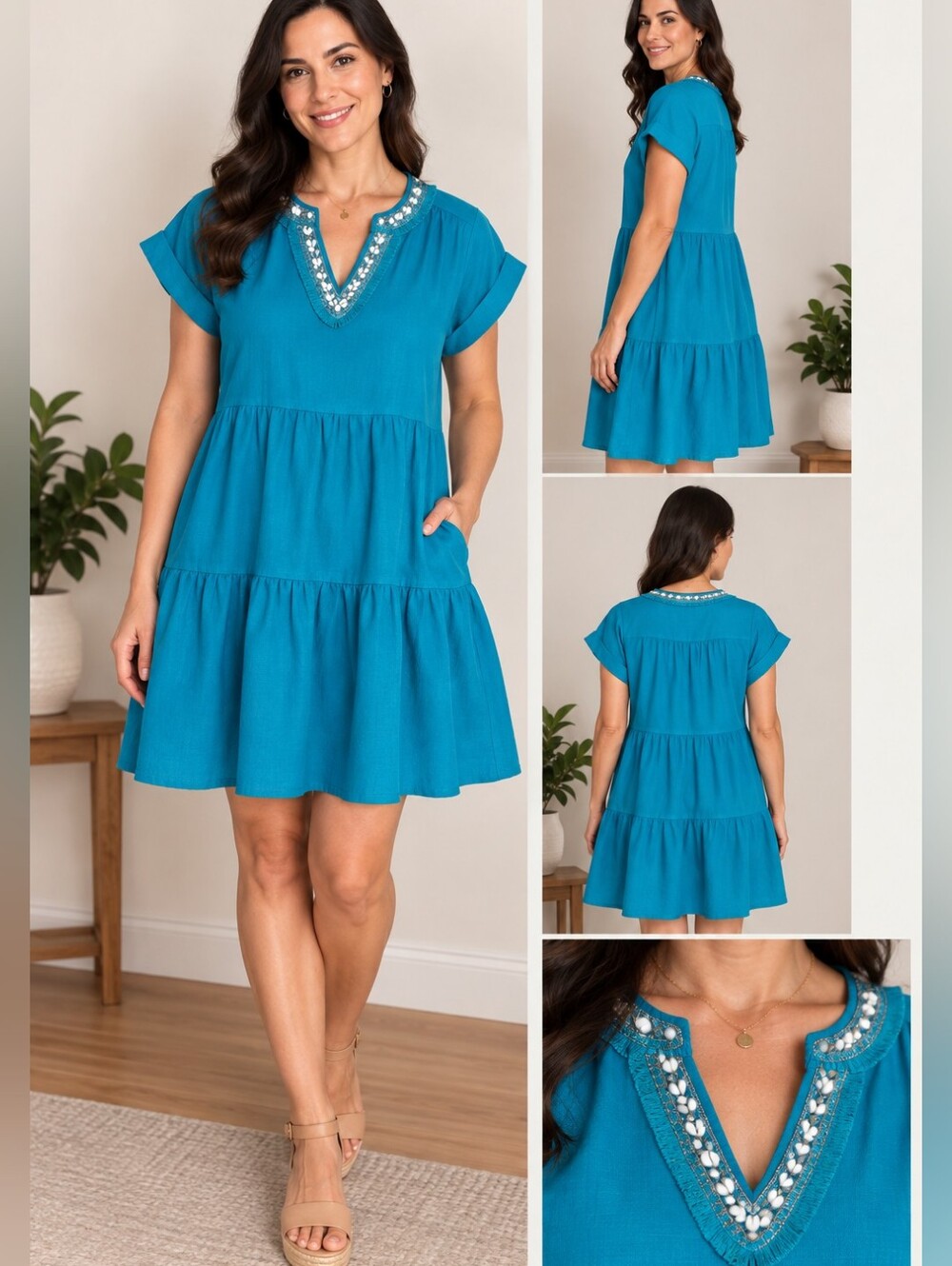 Chico’s Turquoise Linen Dress | Boho Chic | Beaded V-Neck | Size 6